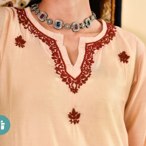 Both colors available Chikankari Chanderi Straight Kurta Set - Picture 4 of 5